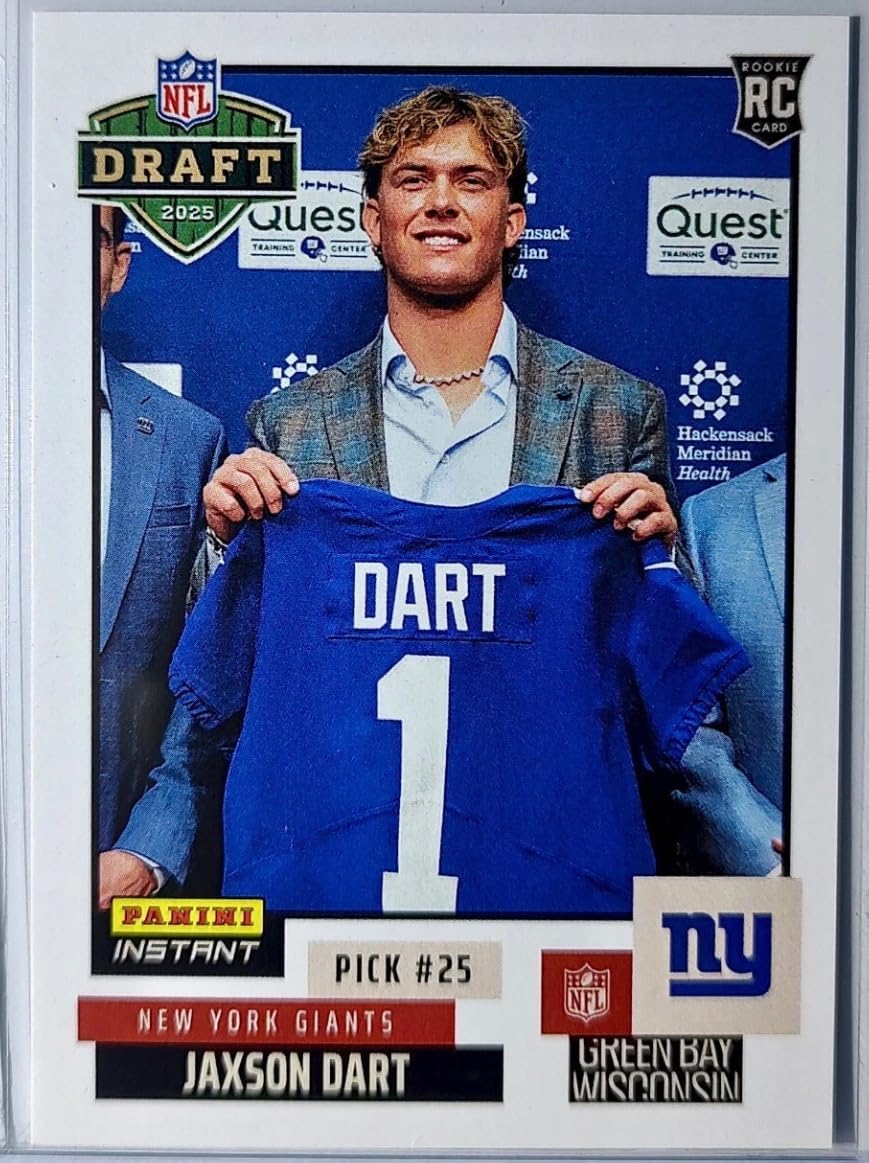 2025 Panini Instant Jaxson Dart RC #NFLDN-15 - ‘25 NFL Draft Night -Pick #25 -Giants Rookie Football Trading Card- New York - Each Card Stamped 1 of 2493 on back. Shipped in Protective Screwdown Holder!