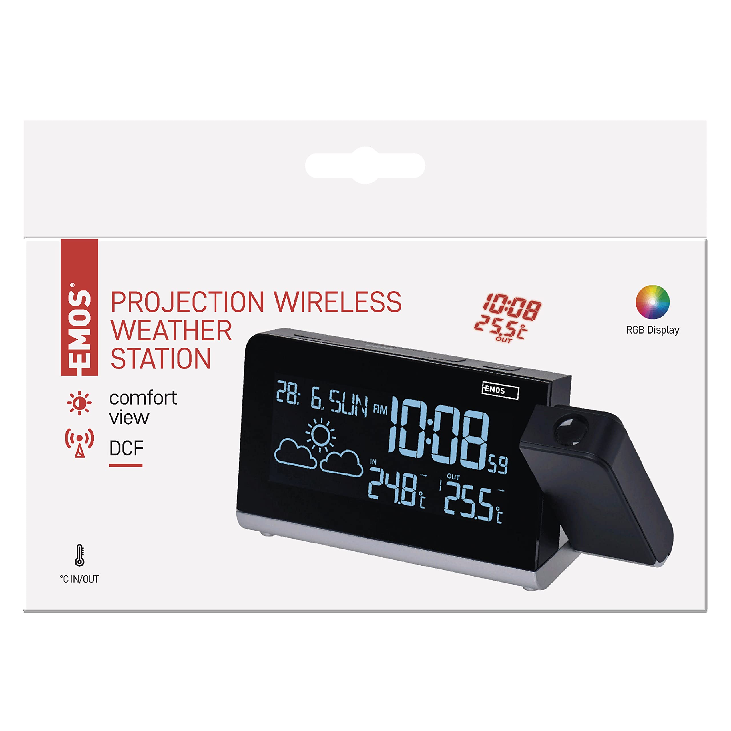 EMOS Funk-Wetterstation mit Projektion, Außensensor, VA-Display Anzeige und Projektor, Uhr, Temperatur, Thermometer, 2x Wecker, Kalender, Memory mit Min/Max-Temperatur