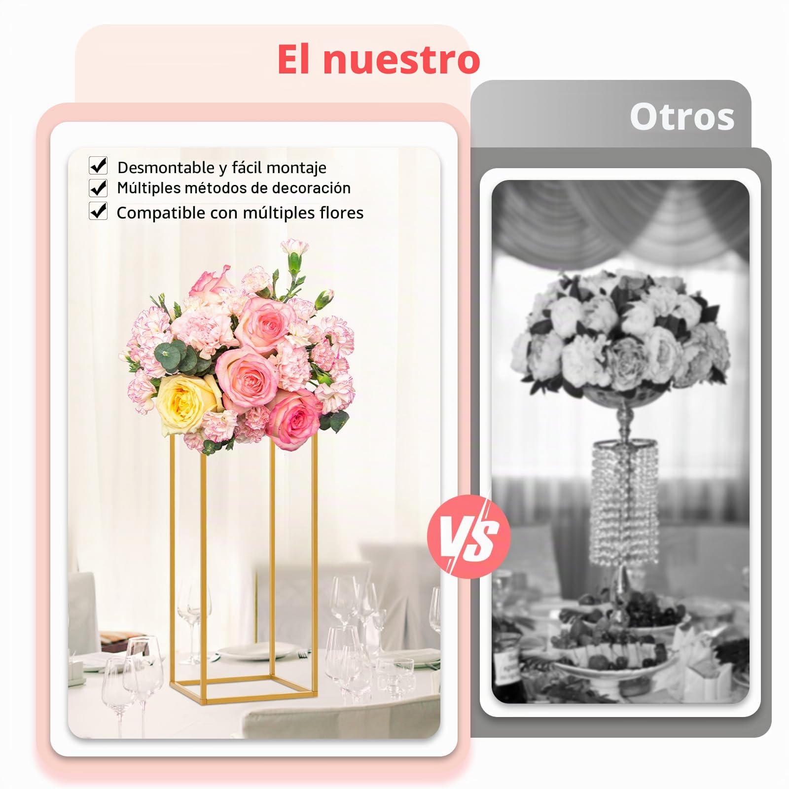 Soporte de metal dorado para flores, jarrón de suelo con plomo, para bodas, floreros de suelo, soporte para columnas, metal, boda, calle (4 unidades)