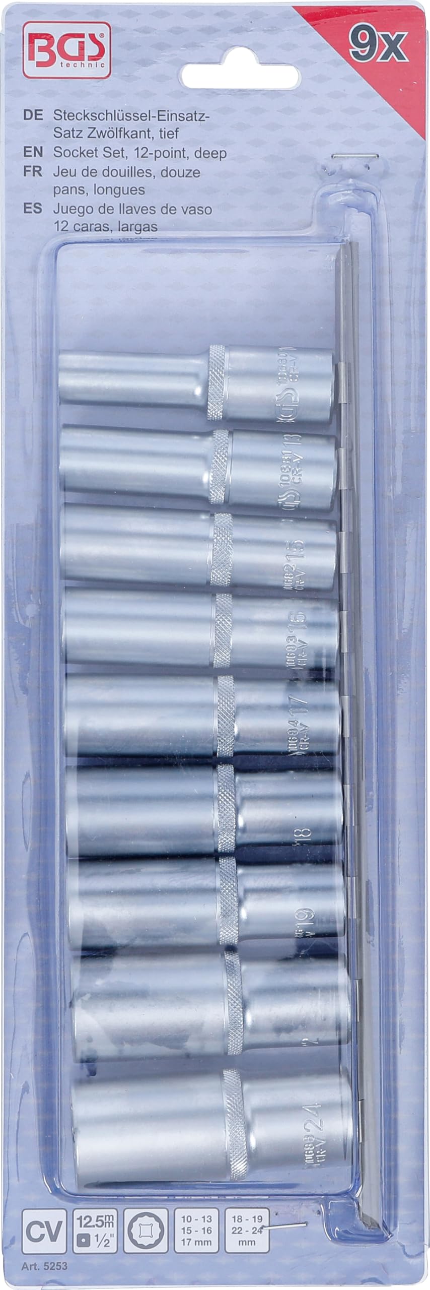 BGS 5253 | Juego de llaves de vaso 12 caras, largas | entrada 12,5 mm (1/2") | 10 - 24 mm | 9 piezas
