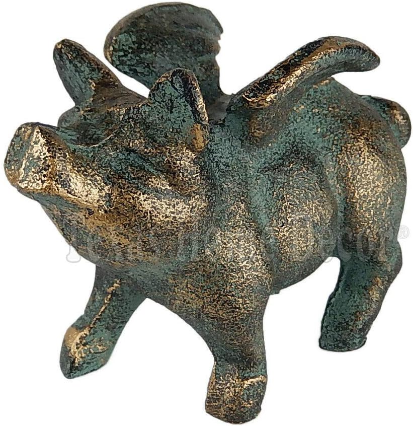 Decor for The Soul Flying Pig Figurine Cast Iron Green Gold