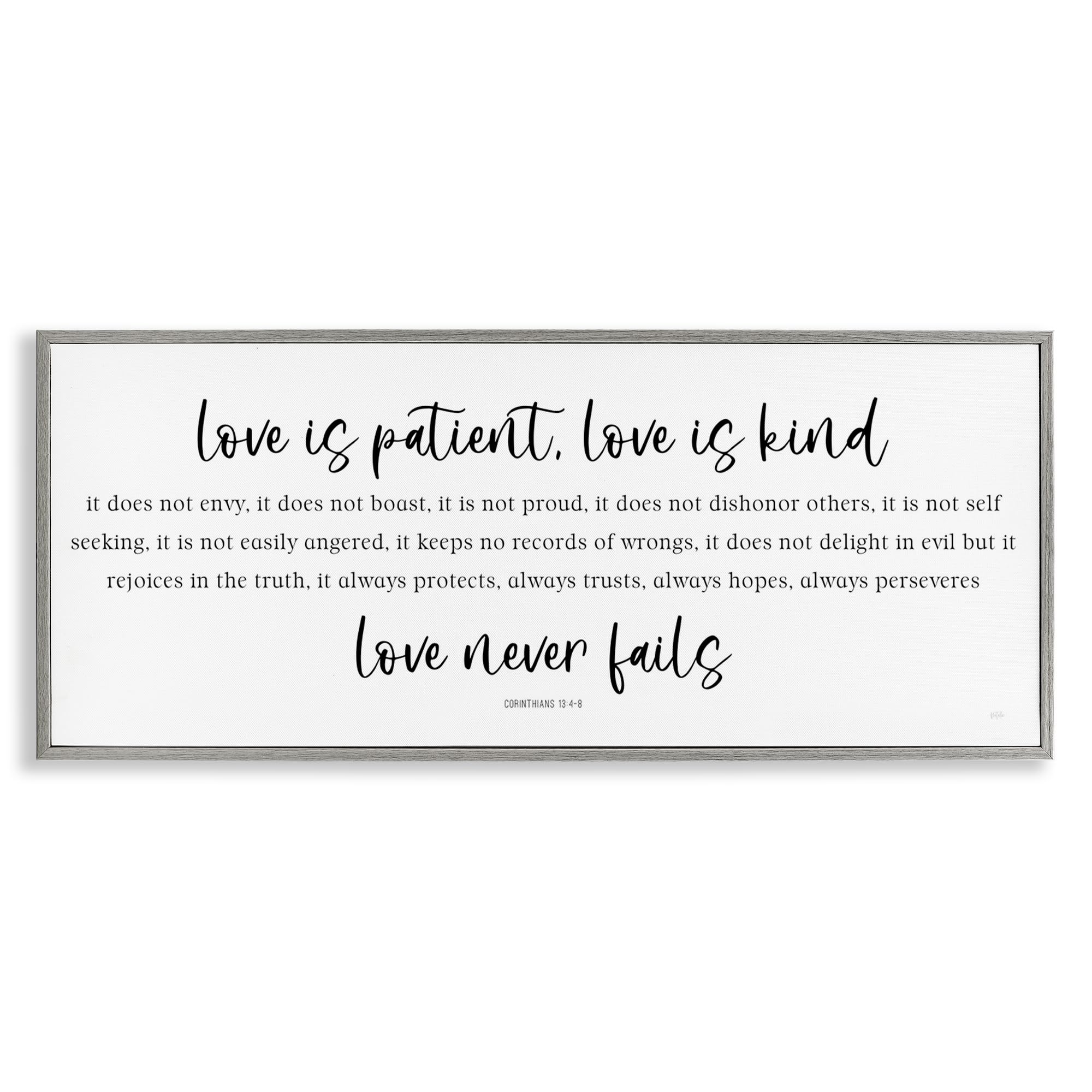 Stupell Industries Love Never Fails Proverb 'Love Never Fails Proverb', Framed Giclee Art, Gray, 30 X 13 Inches, Easy To Hang And Sturdy, Made In Usa, By Natalie Carpentieri
