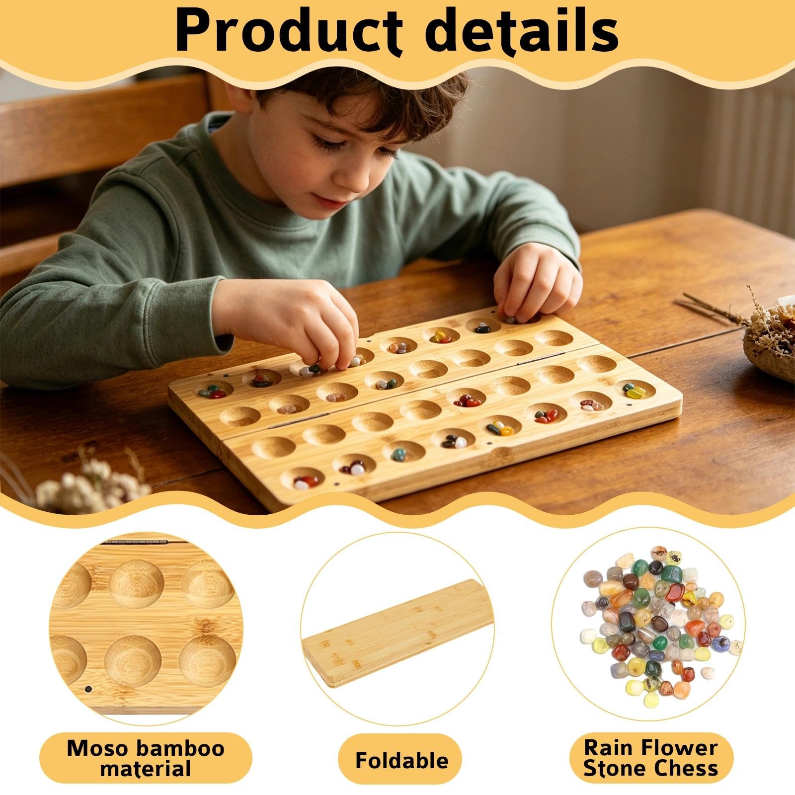 Classic Steinchenspiel Kalaha Spiel Diamant Spiel aus Holz mit 65 Edelsteinen Edelsteinspiel Faltbare Strategiespiele Bohnenspiel für Kinder Erwachsene Strategiespiel Geschenk