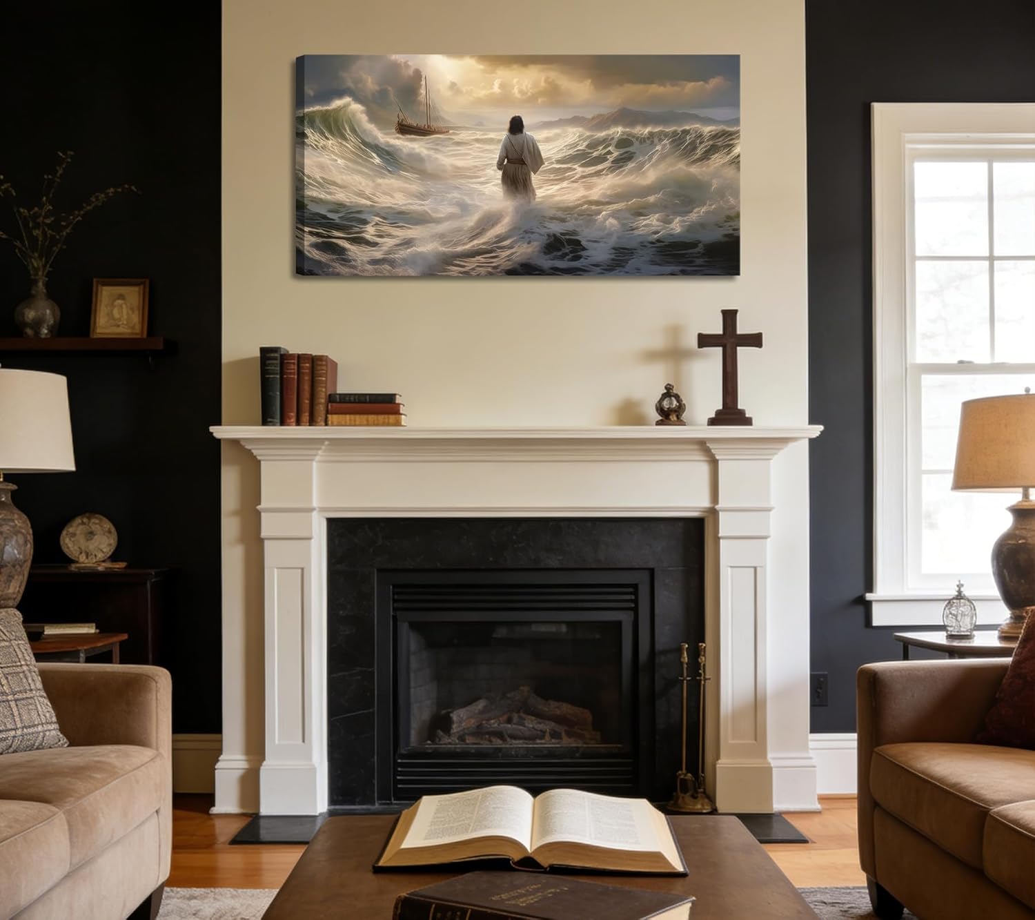 3Pcs Jesus Walking On Water Canvas Wall Art Christian Bible Stories Painting Picture Wall Decor Religious Spirit Faith Poster Print Artwork For Living Room Bedroom Church 32x16 in Ready To Hang