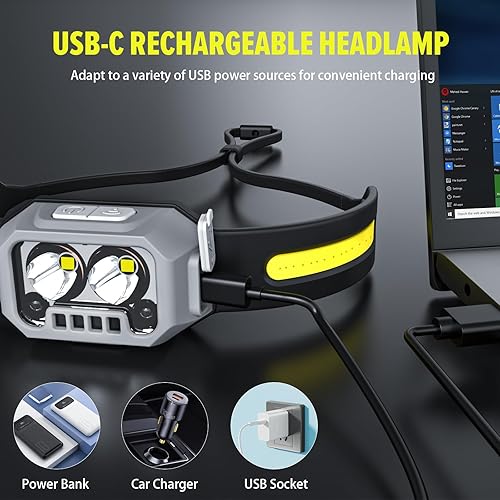 Miniatura 5 de Linterna frontal, 1000 lúmenes, linterna LED recargable ultraligera con 4 modos y luz blanca, roja y verde, luz de cabeza impermeable para camping,