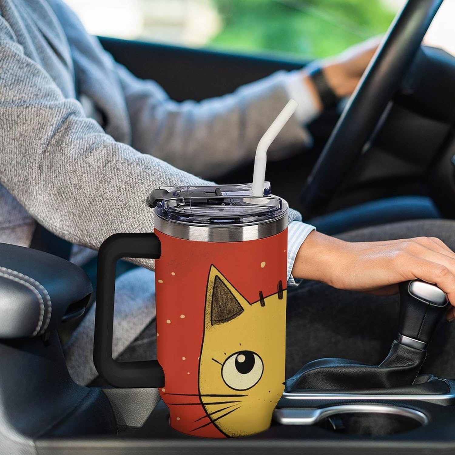 Cute Cat Icon Tumbler 40 Oz with Handle&Lid Large Car Cup Stainless Steel Vacuum Travel Mug Insulated Water Bottle Leak-proof Portable Coffee Cup for Home Car Outdoor