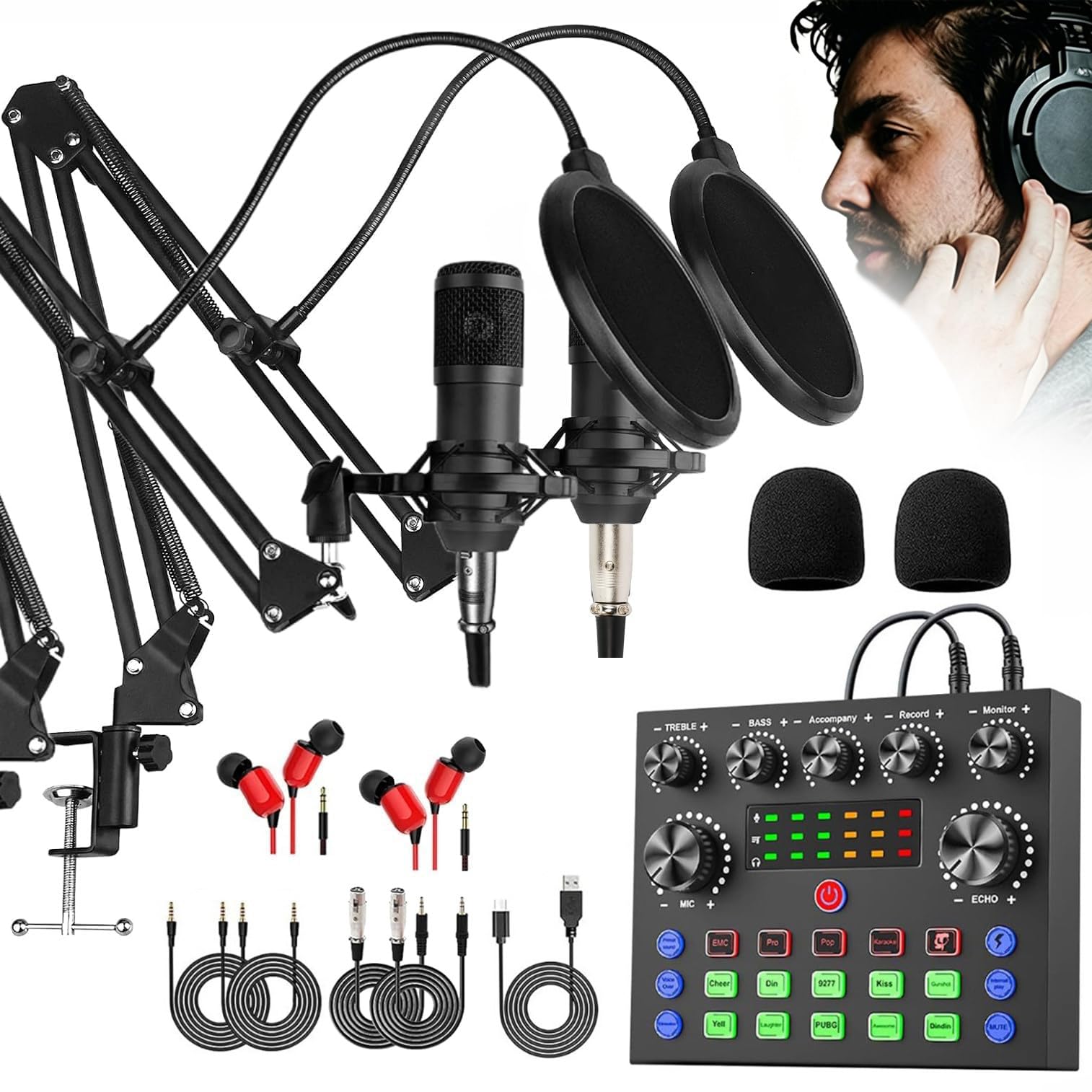 Podcast Equipment Bundle for 2, Cambiador De Voz con 2 Micrófonos para Podcast para Juegos, Paquete De Equipo para Podcast Principiante para Transmisión En Vivo, Canto, Youtube Black
