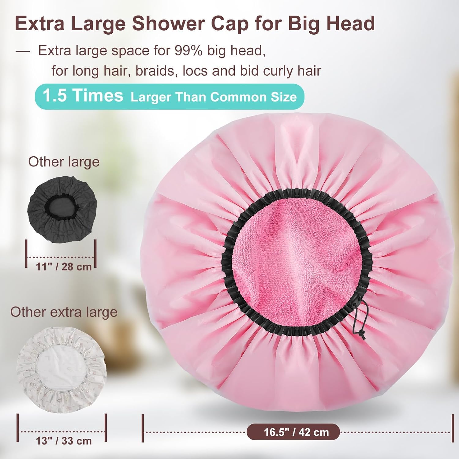 Sheomern 2 Pcs 16.5"Jumbo Adjustable Terry Cloth Lined Shower Caps for Long Hair & Braids, Extra Large Dual Waterproof Hair Cap for Women & Men, Reusable XXL for Dreadlocks, Locs