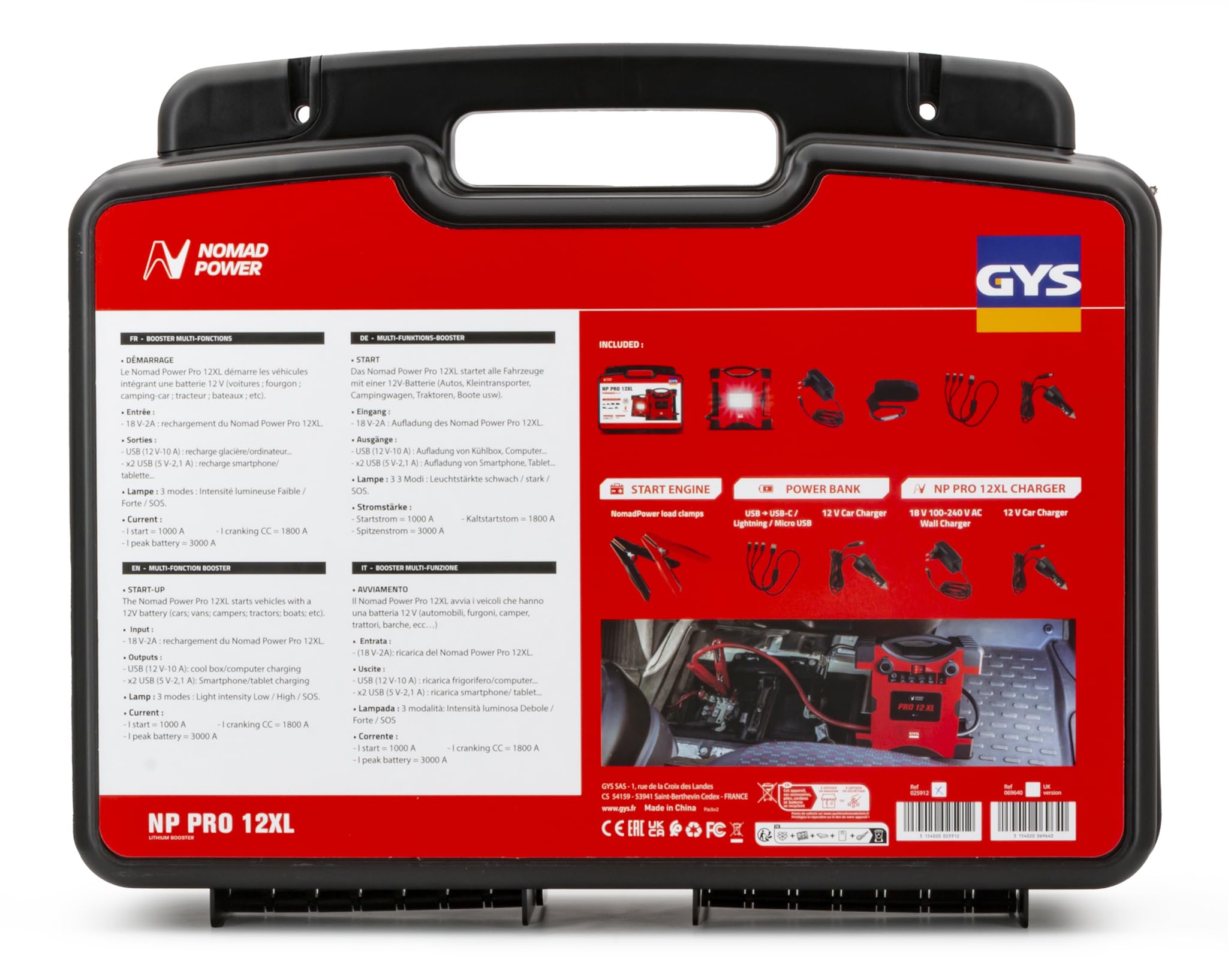 GYS, Nomad Power Pro 12 XL, Démarreur/Booster Batterie Lithium Portable 3000A, Véhicules 12V (Moto, Voiture, Tracteur), Démarrage Sécurisé, Batterie Externe 8Ah (PowerBank), Lampe LED, Ecran LCD