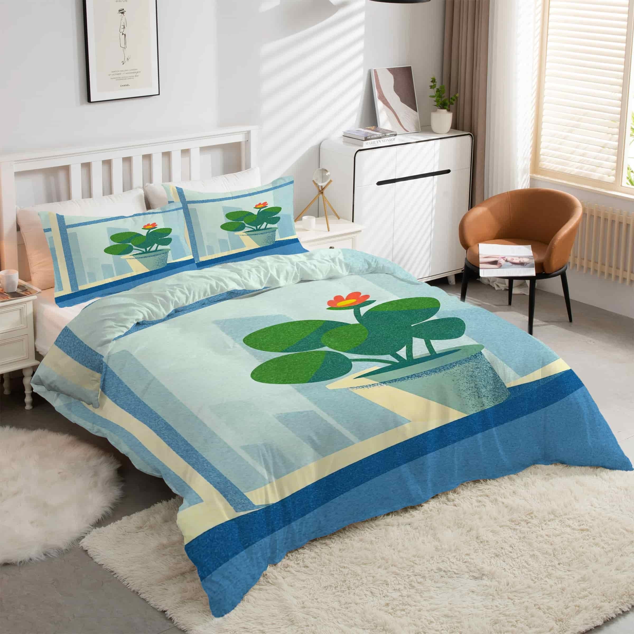 Housse de couette 240x260 cm avec motif vase et plantes en microfibre