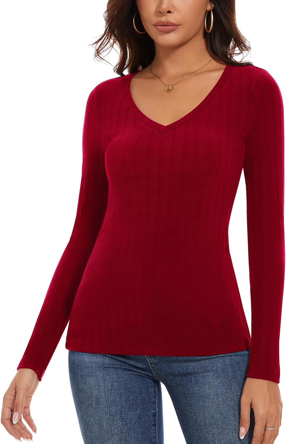 WOWENY Womens Long Sleeve Thermal Shirts V Neck Underwear Tops T Shirts Warm Base Layer Basic Fitted Tees