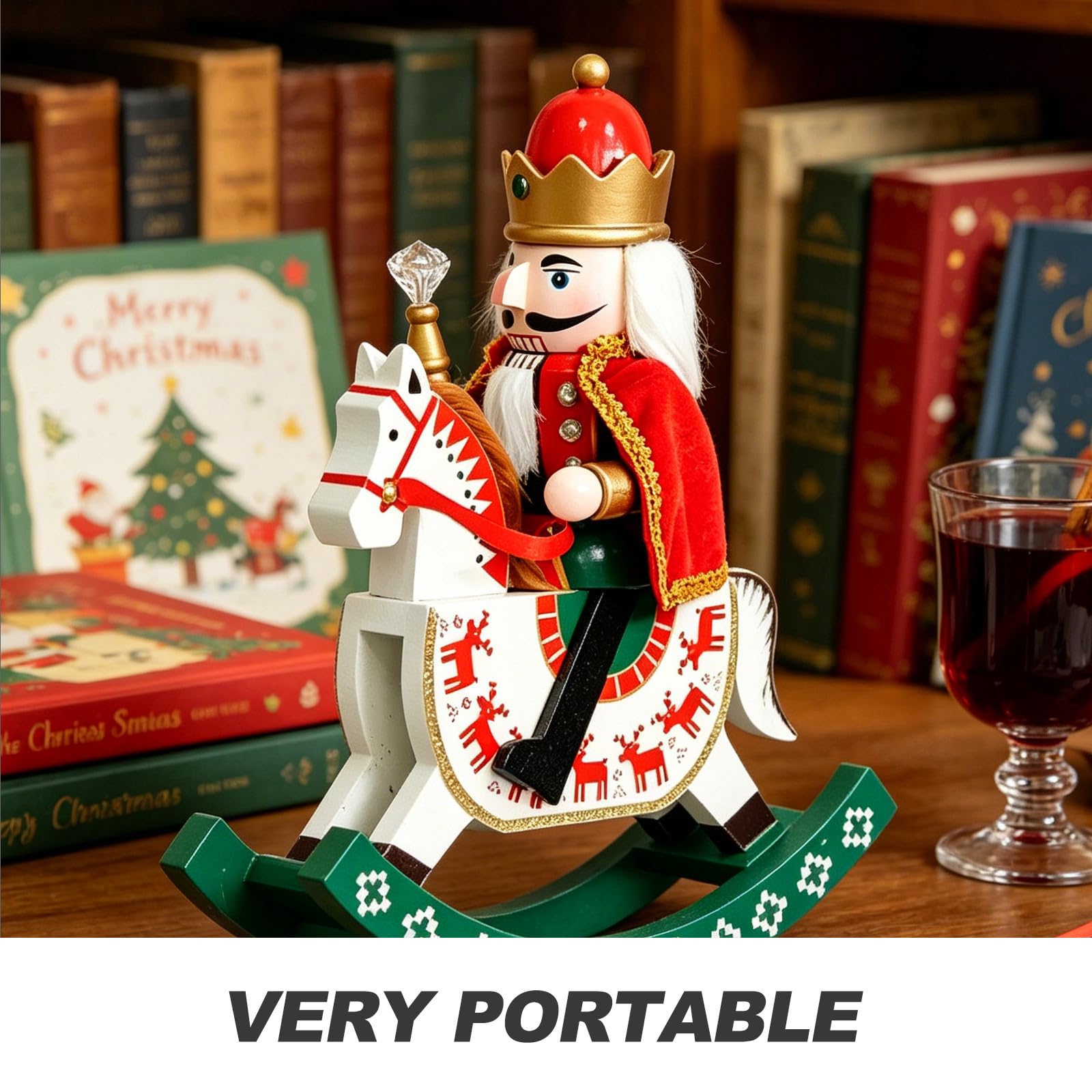 Amosfun Weihnachtliche Holz Nussknacker Figur mit Schaukelpferd Design und Stoffumhang Sanft Schwingend für Vielseitige Dekoration im Festlichen Zuhause