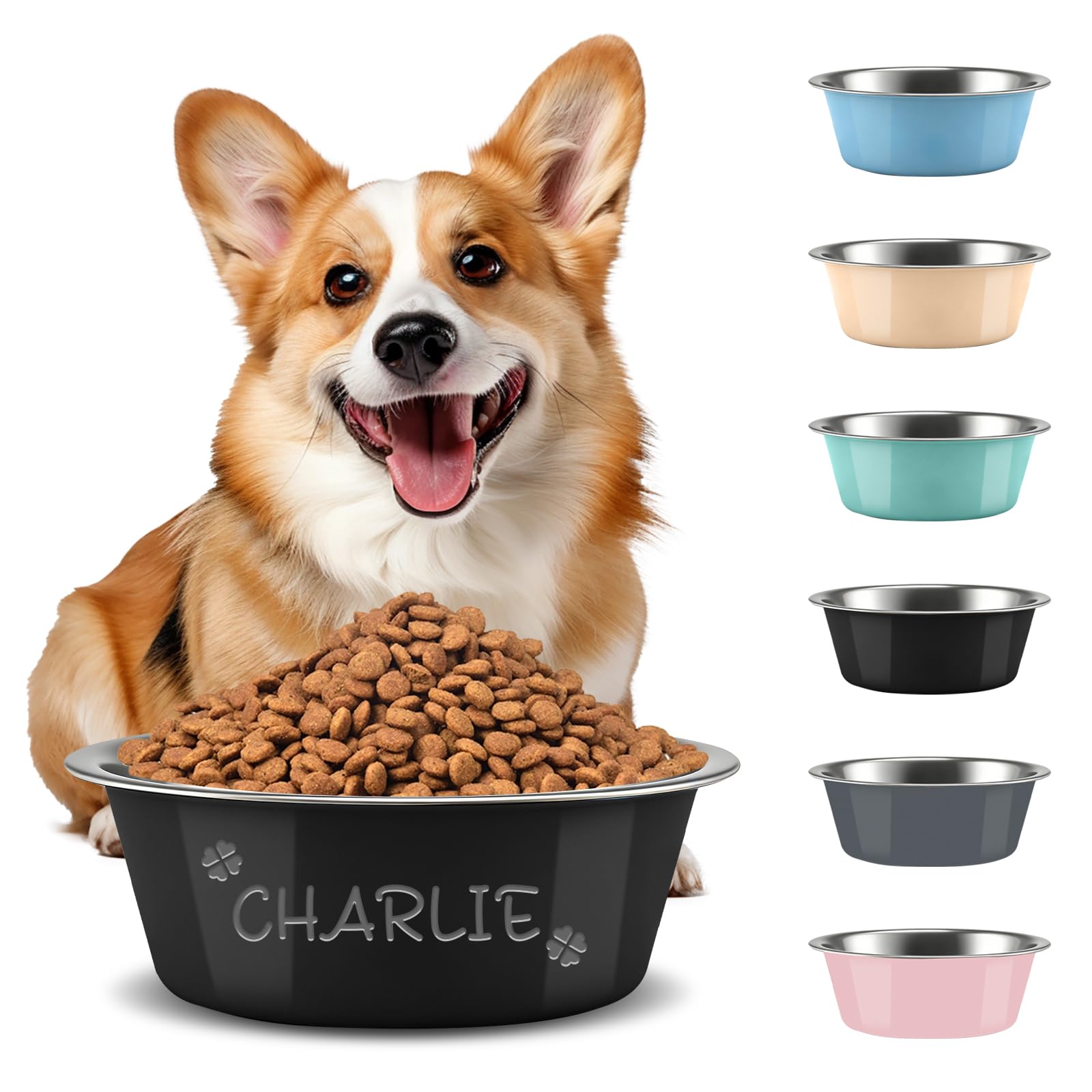 Personalised Dog Bowl, Custom Laser Engraved With Pet Name, Stainless Steel With Non-Slip Pad, Food & Water Dual-Use, Anti-Spill Feeding Dish For All Dog Breeds (Black, L(24cm))