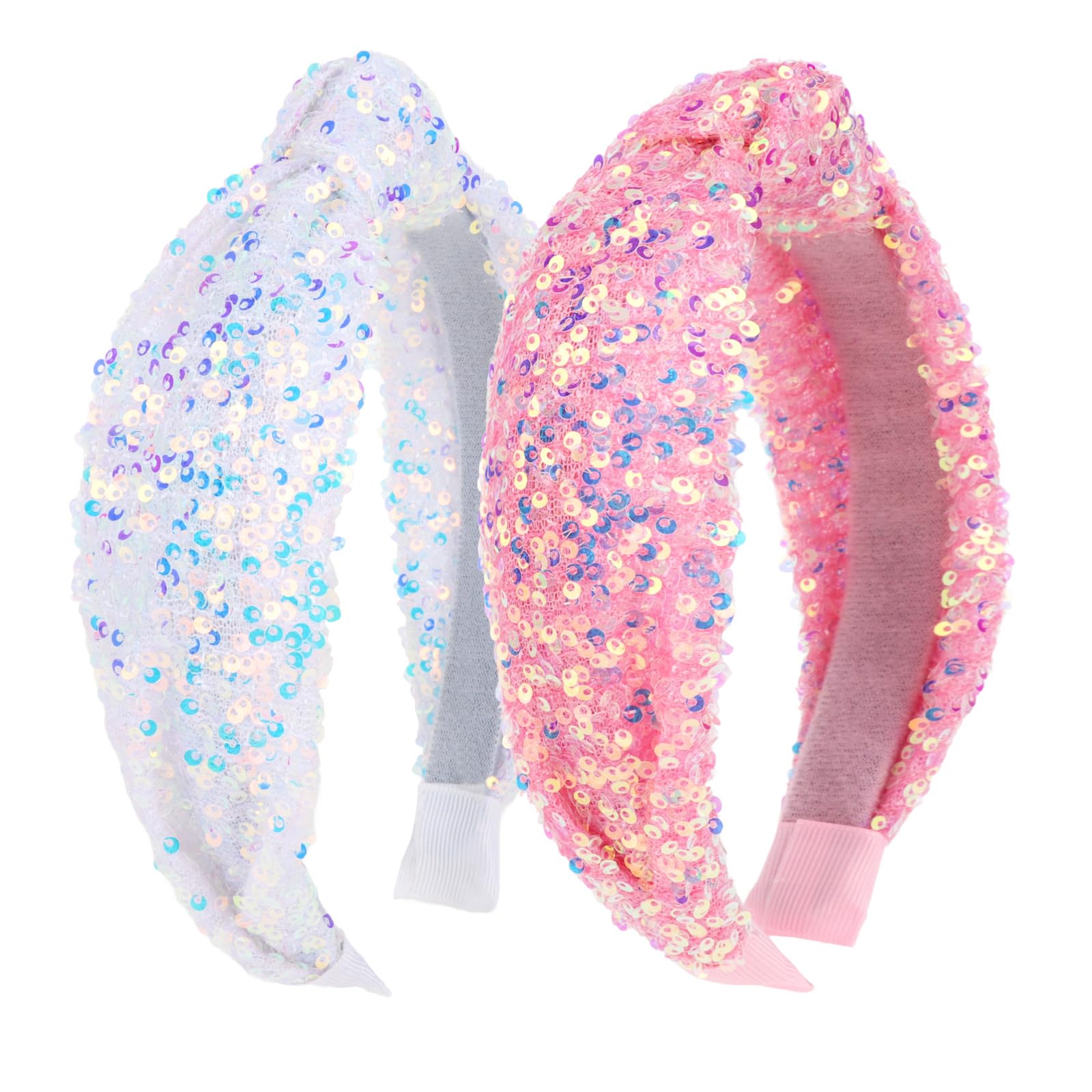 TIOSRU Sequin Girls Headbands,Pink White Knotted Headbands for Girls and Women Glitter Hair bands Cute Headband for Kids Teens Sparkly Hair