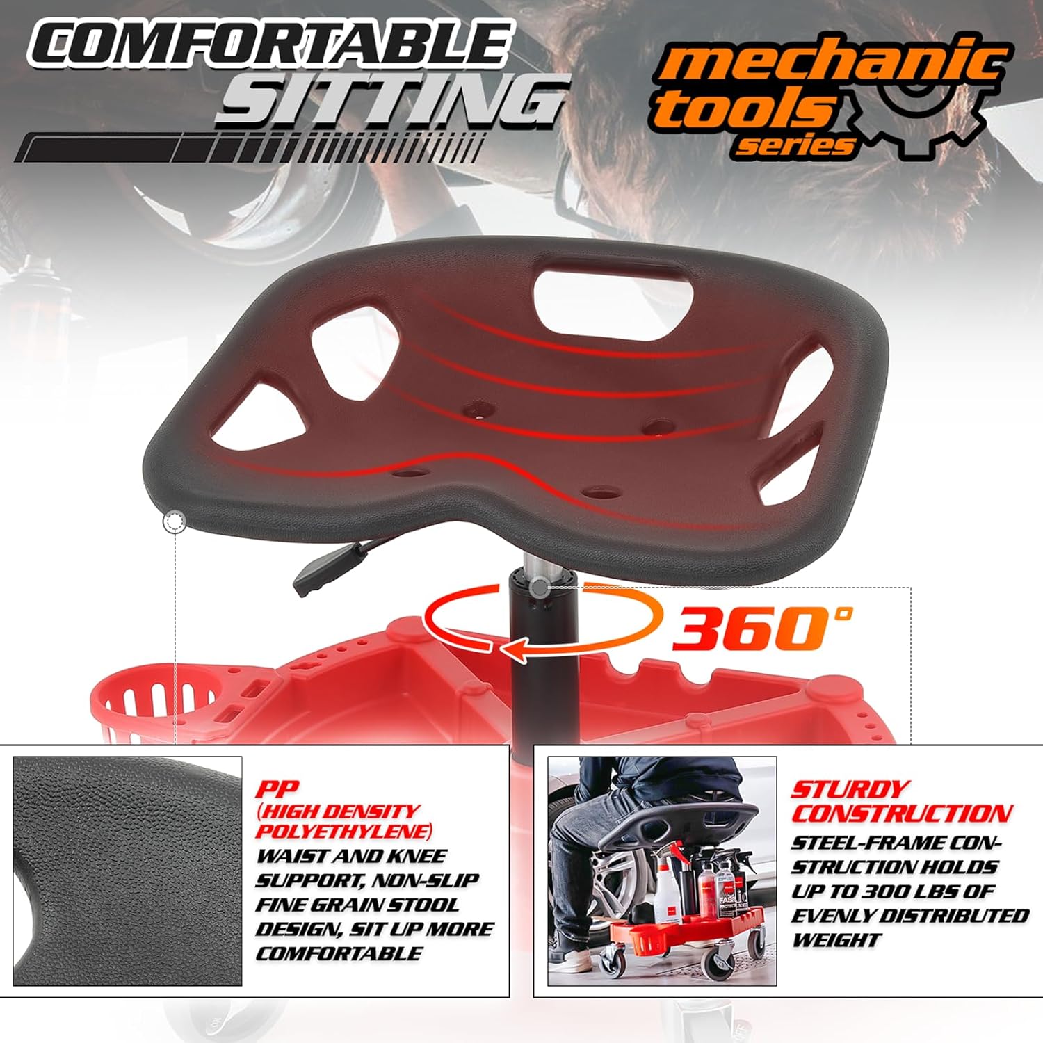 M-AUTO Padded Seat Shop Chairs for Garage with Wheels, 17.5”-22.5” Height Adjustable Swivel Mechanics Seat with Tool Organizer Tray for Garage and Garden, 300lbs Capacity