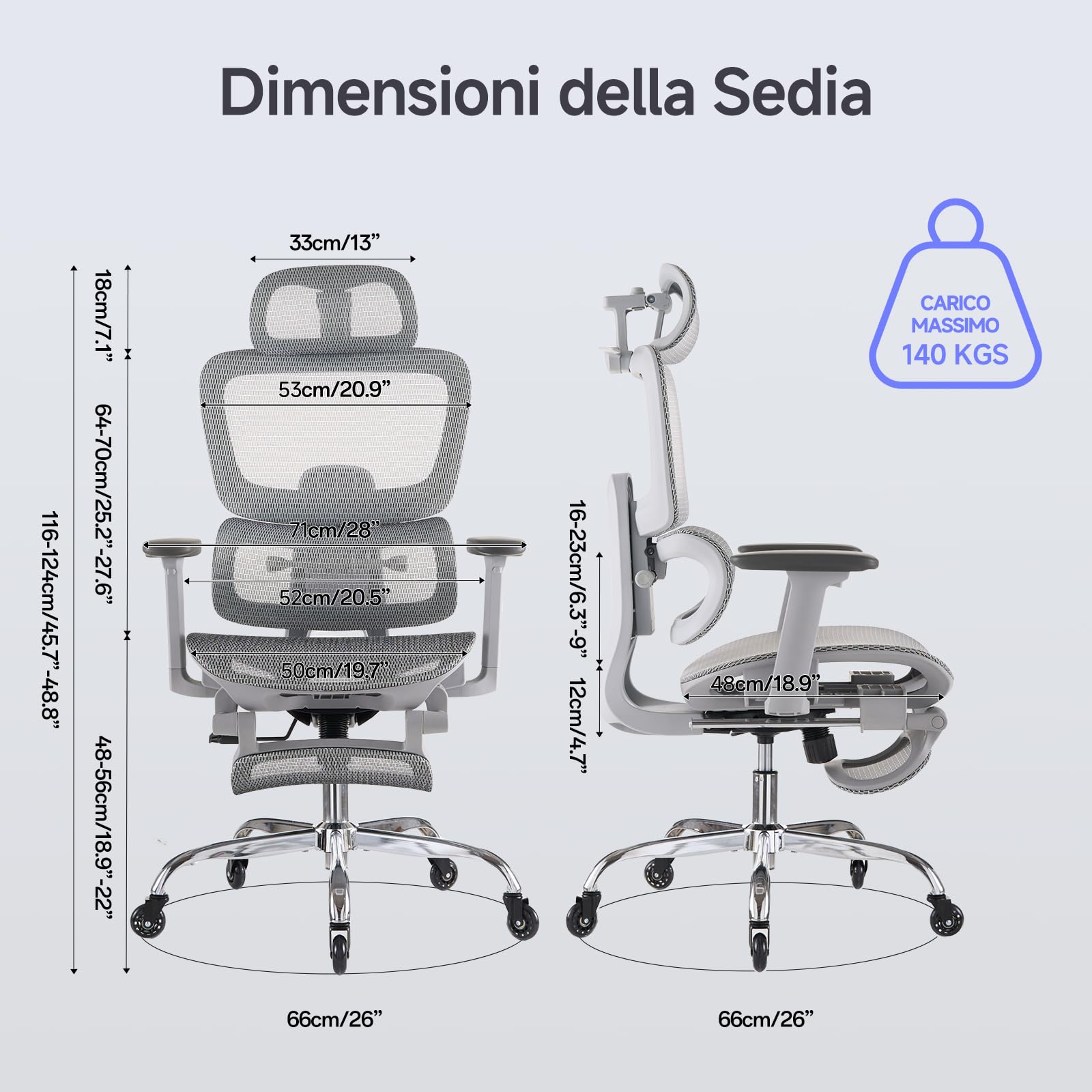 LarkLeaves Sedia Ufficio Ergonomica con Schienale Regolabile 5 Livelli/Supporto Lombare 2D per Ufficio/Casa/Gaming, Poggiatesta 3D + Cuscino Cervicale, Poggiapiedi Retrattile, Ruote Silentec, Grigio