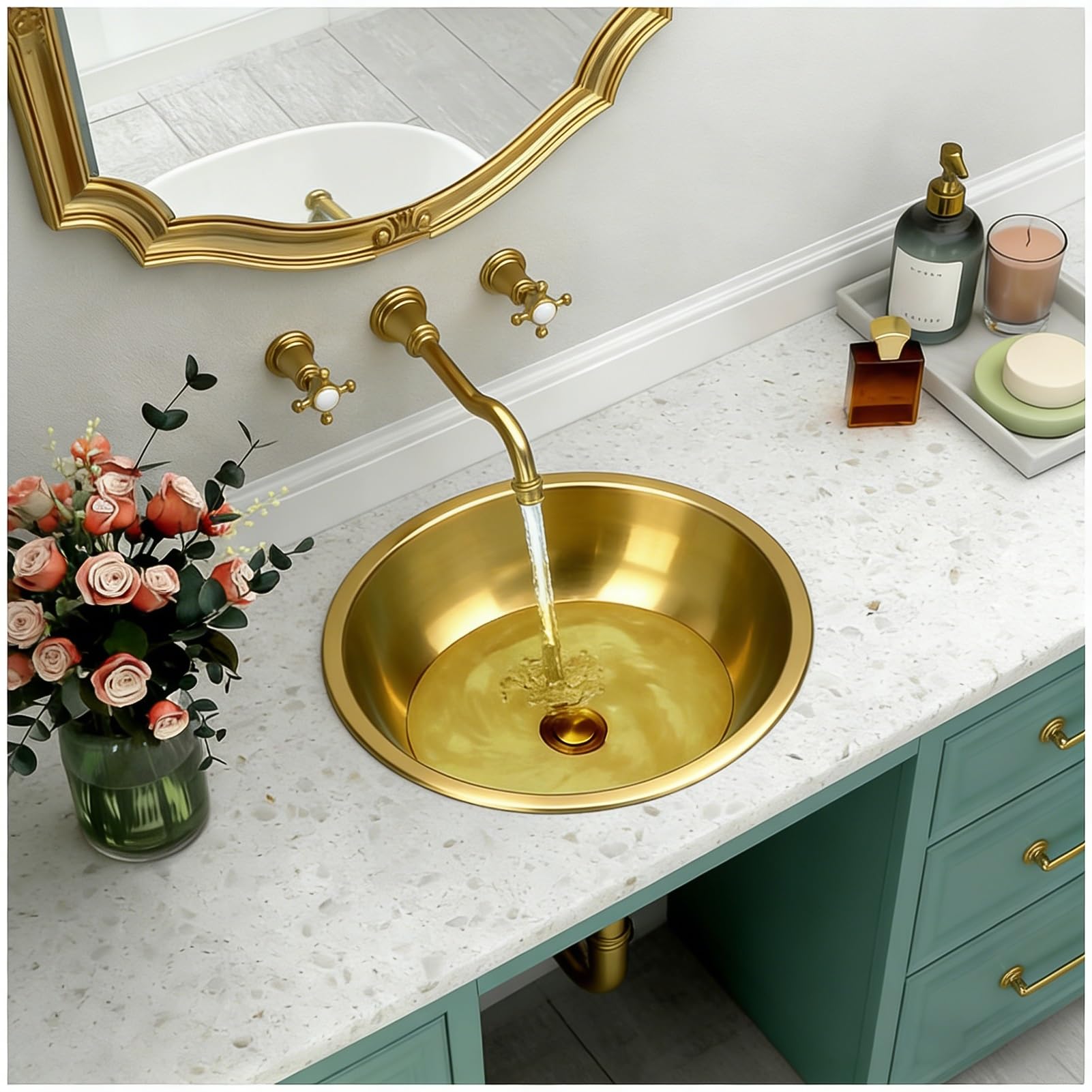 Gold Bathroom Vessel Sink, Circular Above Counter Bathroom Sinks, Modern Stainless Steel Oval Vanity Sink, Round Handwashing Basin, Drop in Washing Bowl with Pop Up Drain(#1,44x36x14cm)