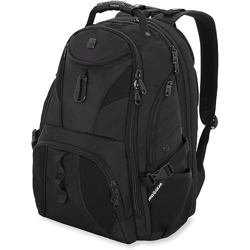 SwissGear 1900 ScanSmart 17” Laptop Backpack Black/Black – Reflective Tech Backpack with ScanSmart Compartment – Multiple Organizer Pockets & RFID Scan Blocking Technology