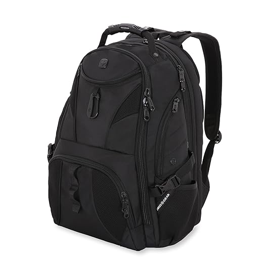 SwissGear 1900 ScanSmart 17” Laptop Backpack Black/Black – Reflective Tech Backpack with ScanSmart Compartment – Multiple Organizer Pockets & RFID Scan Blocking Technology