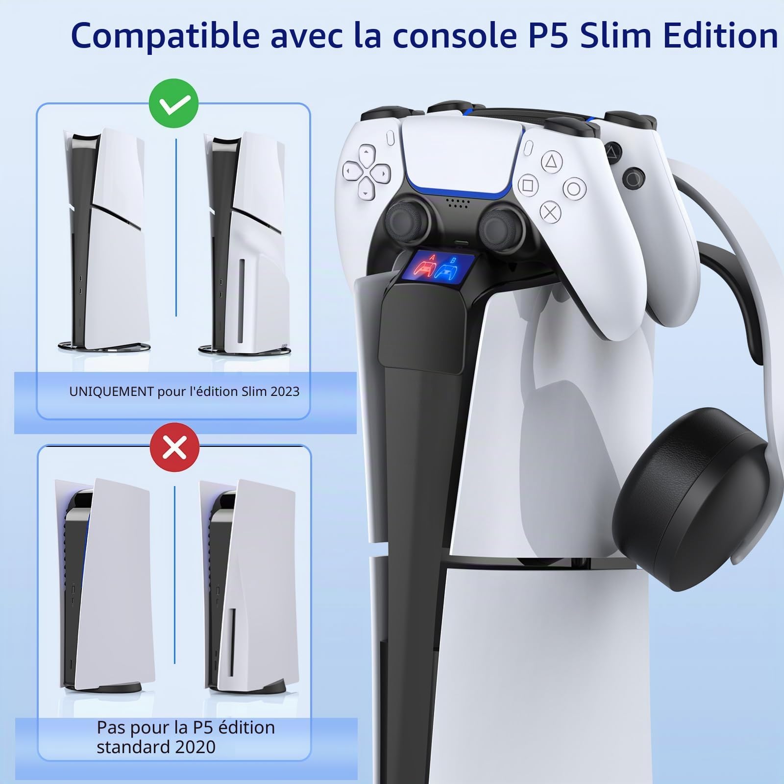 Support de Chargeur pour PS5 Slim Manette, Charge Uniquement pour Playstation 5 Slim Disc & Digital Console Accessoire avec Support pour Casque D'écoute