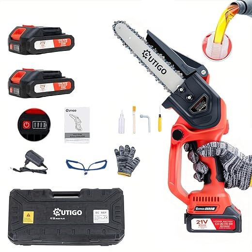 Mini Chainsaw with Battery, 8 inch Electric Chainsaw with 2 * 21V Batteries, Small Chain Saw with Safety Lock and Strong Motor for Tree Trimming, Mini Cordless Electric Chainsaw 800 W