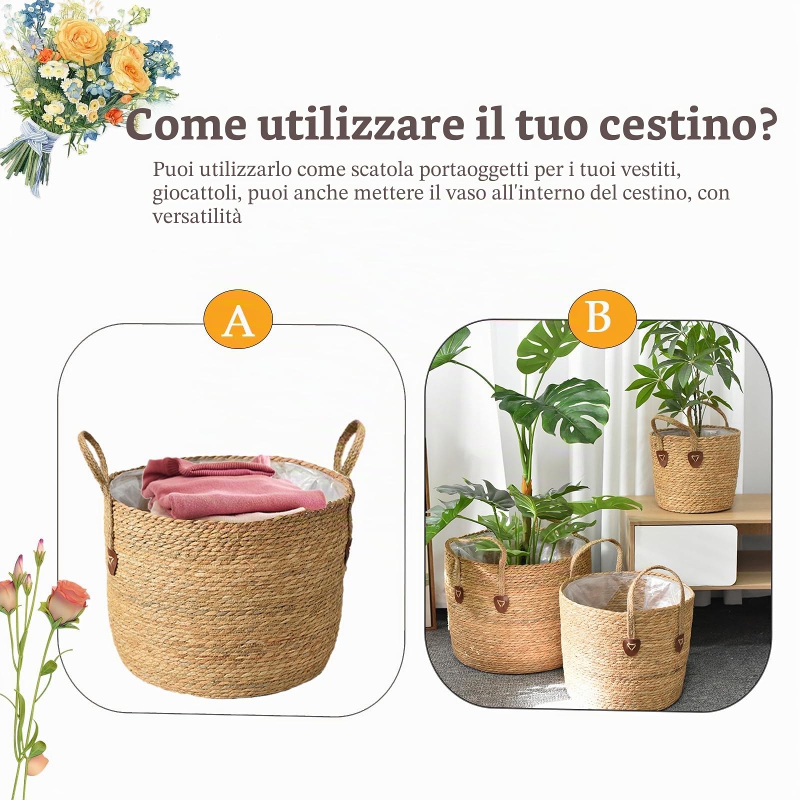 Cesto in vimini per piante, grande vaso di fiori intrecciato, in rattan, moderno e pratico, cesto per piante in vimini naturale, decorazione per la casa ed elegante conservazione