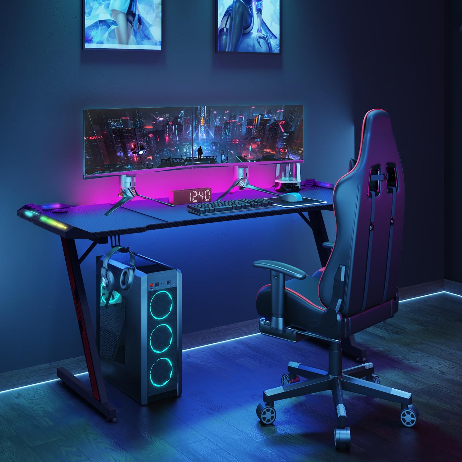 HLONONE Gaming Desk 140 Cm, LED Gamer Desk With Carbon Fiber Tray, Computer Desk For Gaming PC, Ergonomic, Cup Holder And Headset Hook, Black