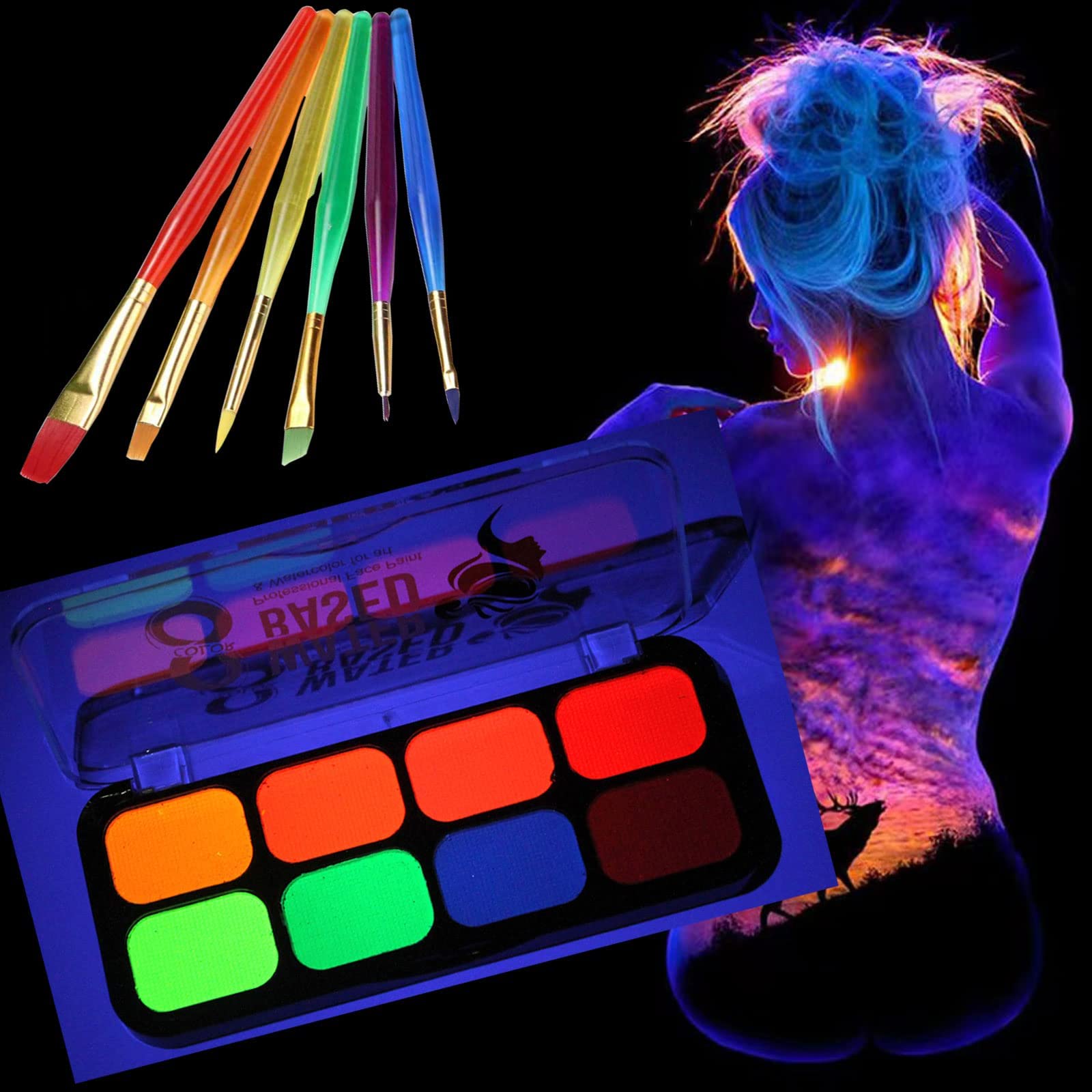 UV Face Paint Kit, Glow In The Dark Face Paint Kit, 8 Neon Color Black Light Body Makeup Water Activated with 6 Paint Brushes, Non-Toxic Washable for Kids Adult, Halloween Costume Masquerades Makeup