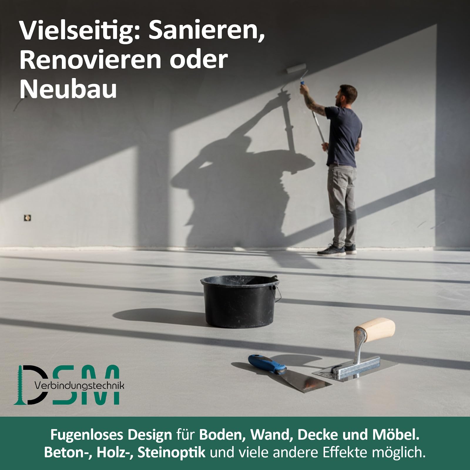 DSM PrimeCoat akrylowa wykładzina szpachlowa masa szpachlowa do bezspoinowego prysznica i łazienki – zestaw na ok. 4-5 m², M24 szary drogowy, wraz z mieszanką strukturalną Easy Fine – na ścianę