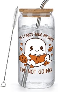 Cute Halloween Cups Gift for Women,Ghost Reader Cup for Book Lover,Spooky Teacher Halloween Glassware Gift 16 oz Drinking Glass Cup with Lid and Straw,If I Can't Take My Book I'm Not Going