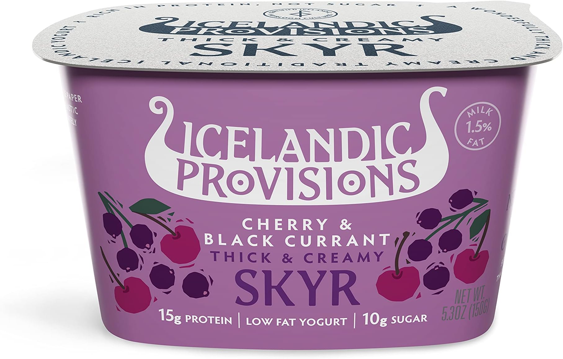 Icelandic Provisions 5.3oz Traditional Skyr Yogurt, Cherry Black Currant, Icelandic Cultured Dairy Product With 15g Protein Per Serving | More Protein & Less Sugar Than Yogurt