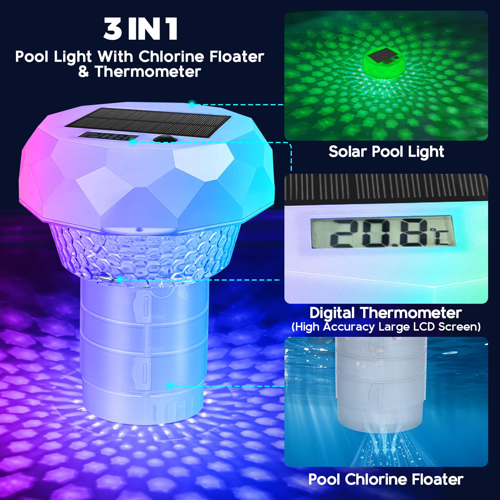 Lumière Piscine Solaire avec Diffuseur Chlore, Thermomètre, Lampe Flottante piscine avec Télécommande, 8 Couleur, Minuterie, IP68 Étanche éclairage pour piscine, Baignoire, Spa, Étang Jardin Déco - 3