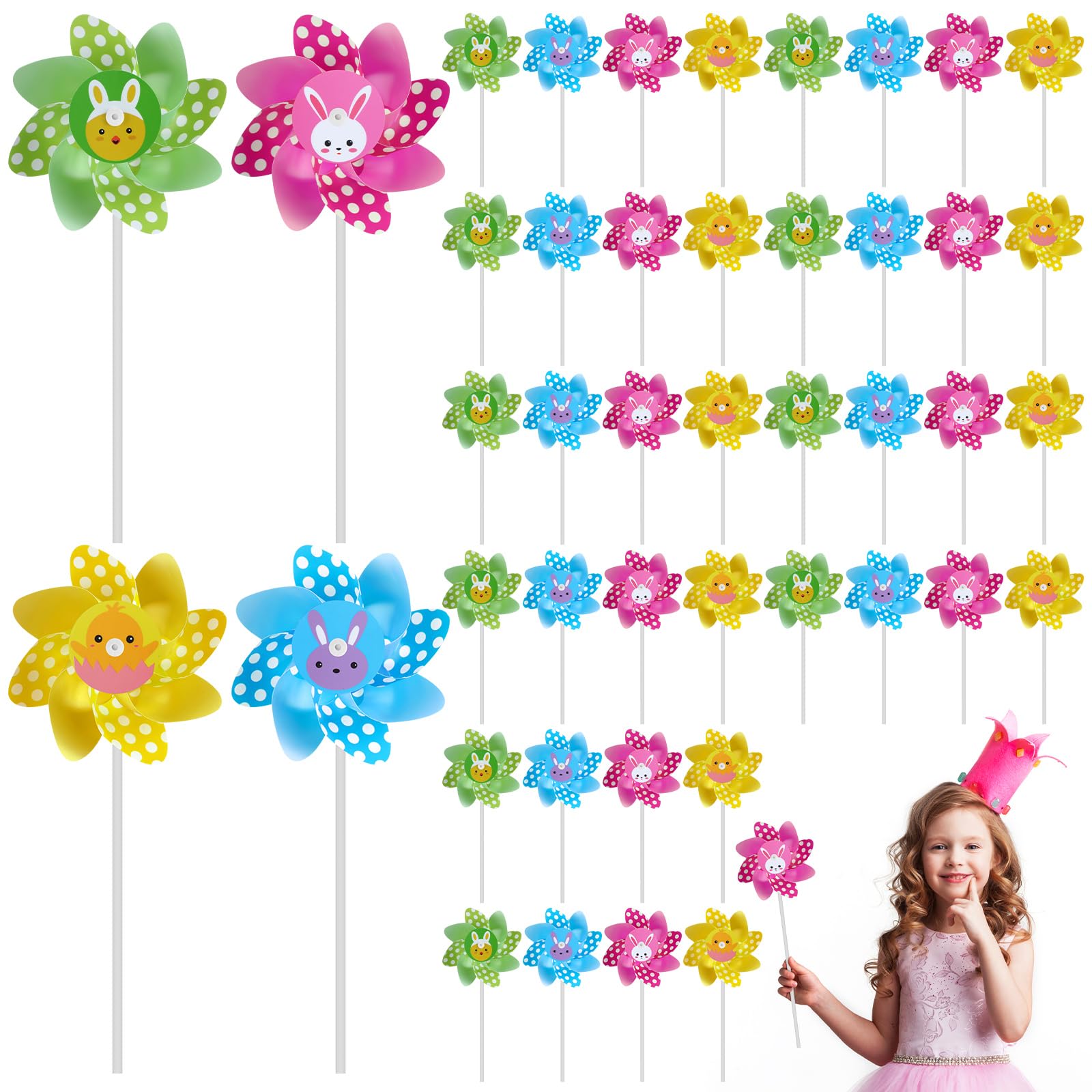 Photo 1 of 100 Pcs Spring DIY Pinwheels Craft for Kids, Plastic Pin Wheel Bulk Spring Bunny Chick Windmill Colorful Wind Spinners for Spring Toy Party Favors Yard and Garden Lawn Decorations