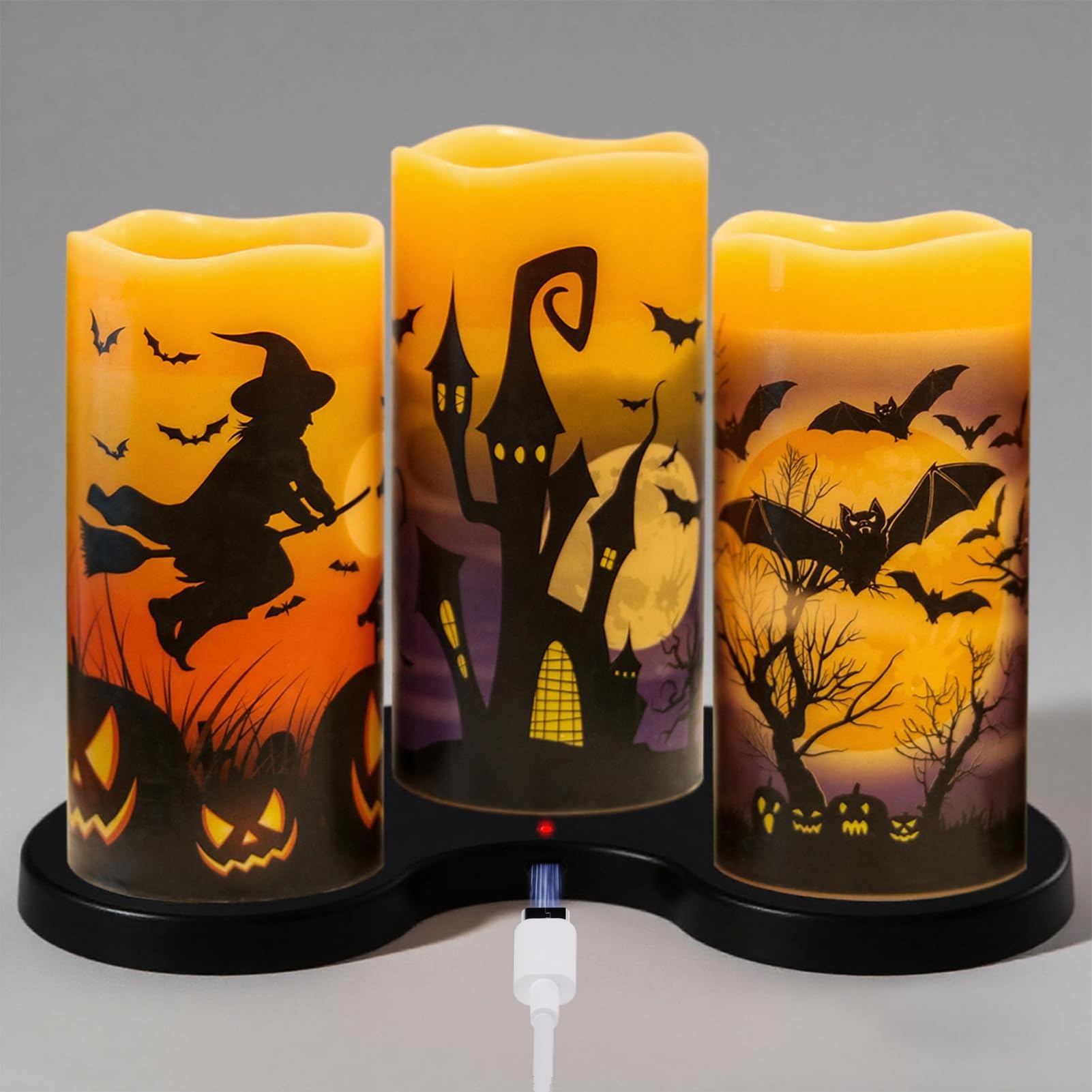 Candele ricaricabili per Halloween, senza fiamma, a batteria, con telecomando e timer, in vera cera tremolante, LED, pipistrelli, strega, zucca, cena, Halloween, decorazione per interni