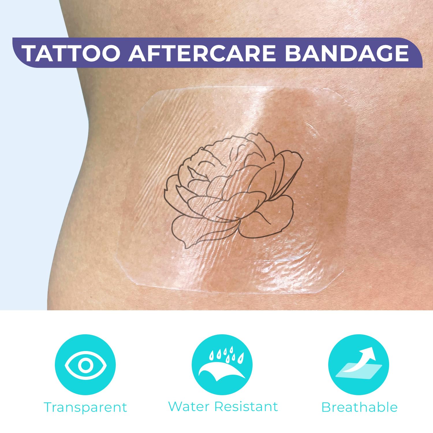 Pellicola trasparente per medicazioni da 10,2 x 10,17,8 cm, confezione da 50 pezzi, protezione da doccia, bendaggio per tatuaggi | Medicazioni trasparenti impermeabili per ferite