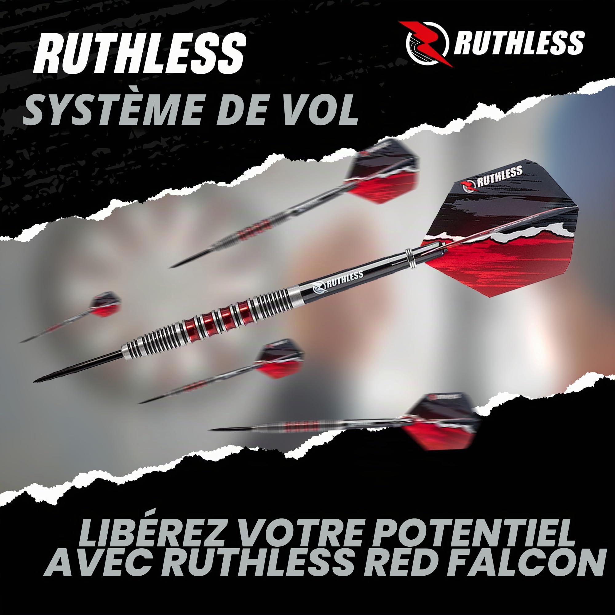 RUTHLESS Red Falcon Jeu de fléchettes professionnelles en tungstène avec ailettes et tiges 22 g et 24 g