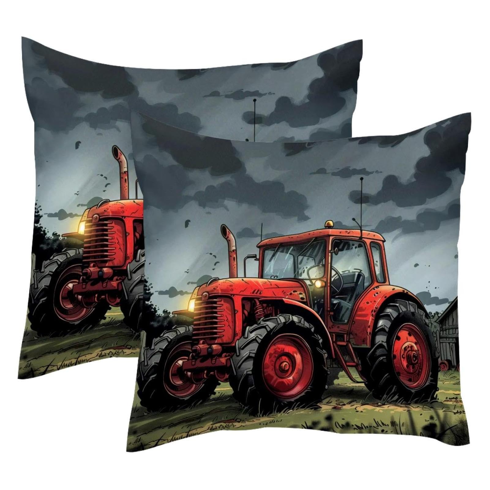 Housse de coussin tracteur rouge en velours doux pour salon style campagne chic