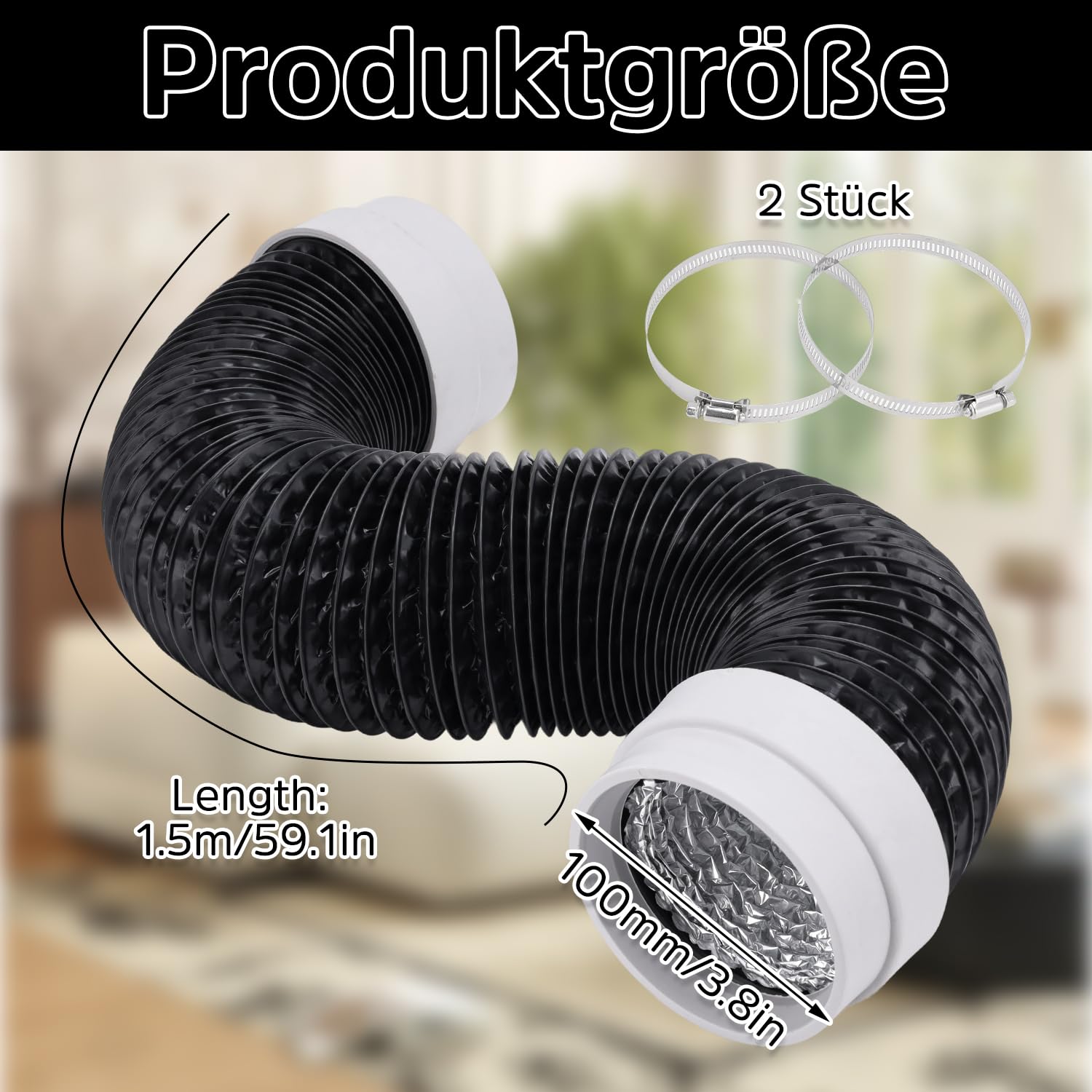 Wąż powietrza wylotowego 100 mm, 1,5 m PCW, rura aluminiowa Flex, czarny, z 2 obejmami do węża ze stali nierdzewnej, rura wentylacyjna do suszarki, wentylatora wyciągowego, okapu