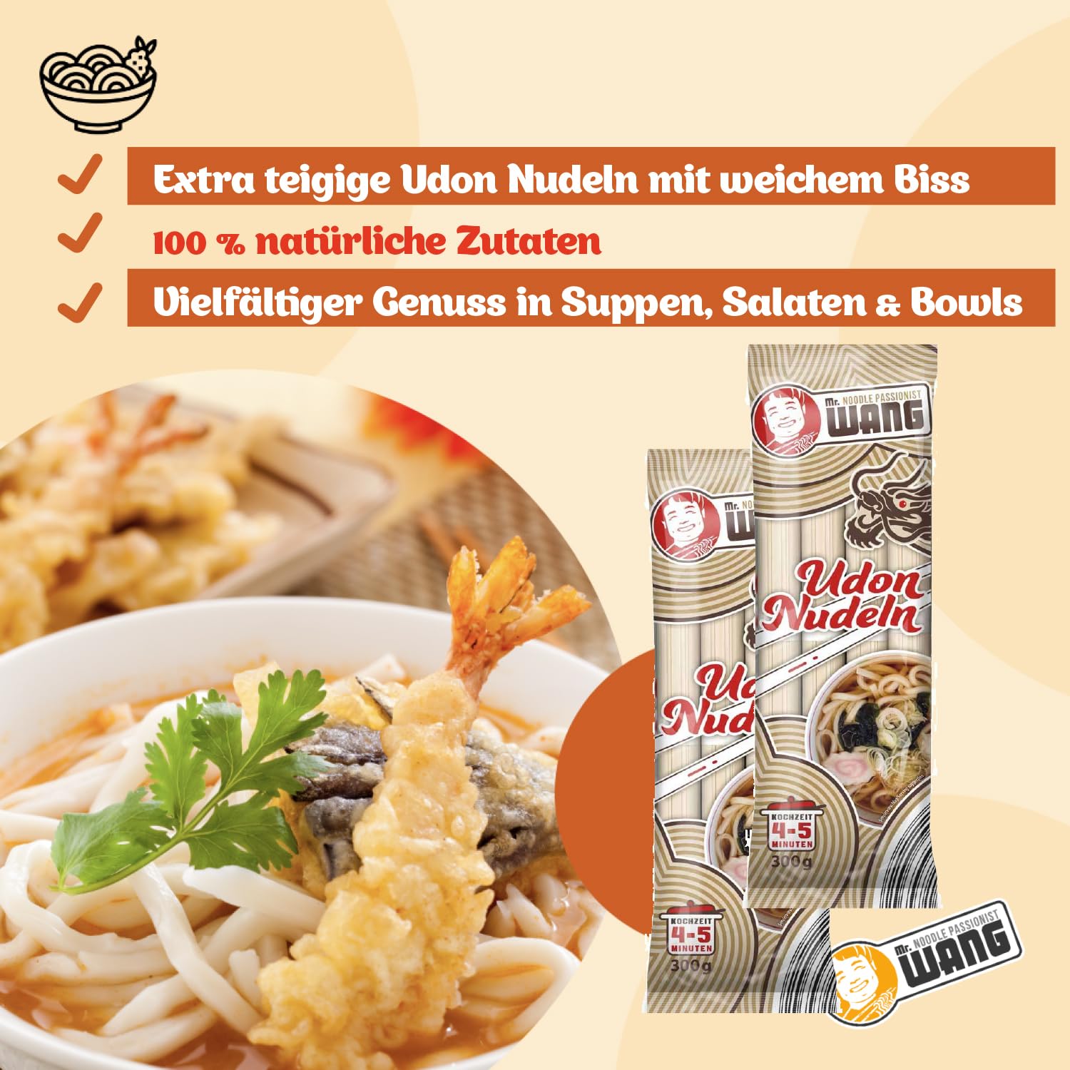 Mr. WANG Udon Pasta di grano giapponese per zuppe, insalate, ciotole e piatti wok