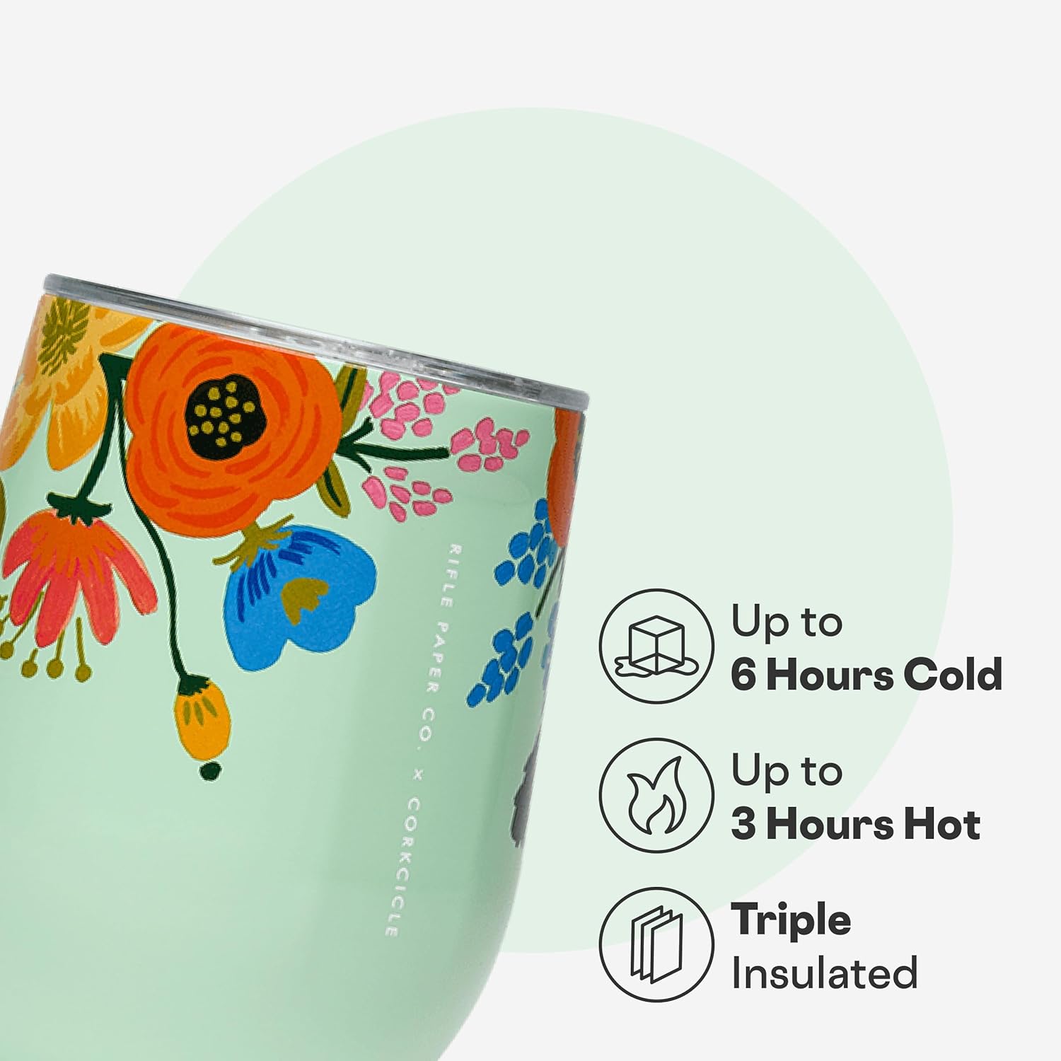 Corkcicle Stemless Insulated Wine Glass Tumbler - Keeps Beverages Cold 6 Hrs Hot 3 Hrs - Stainless Steel - Easy-Grip - Gift for Mom - Great for Mother's Day or Christmas - 12 oz - Mint Lively Floral - Image 3