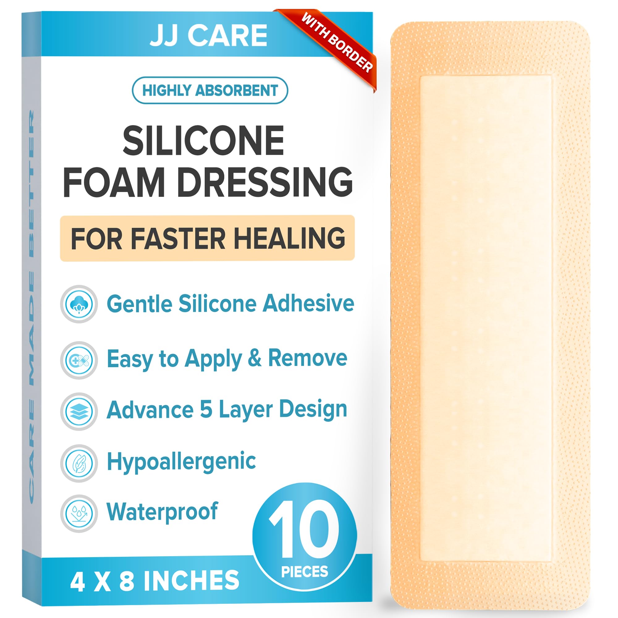 JJ CARE Silicone Foam Dressing 4x8 [Pack of 10], Silicone Bandages for Wounds, Waterproof Foam Dressing with Adhesive Border, Absorbent Bed Sore Bandages for Wound Care