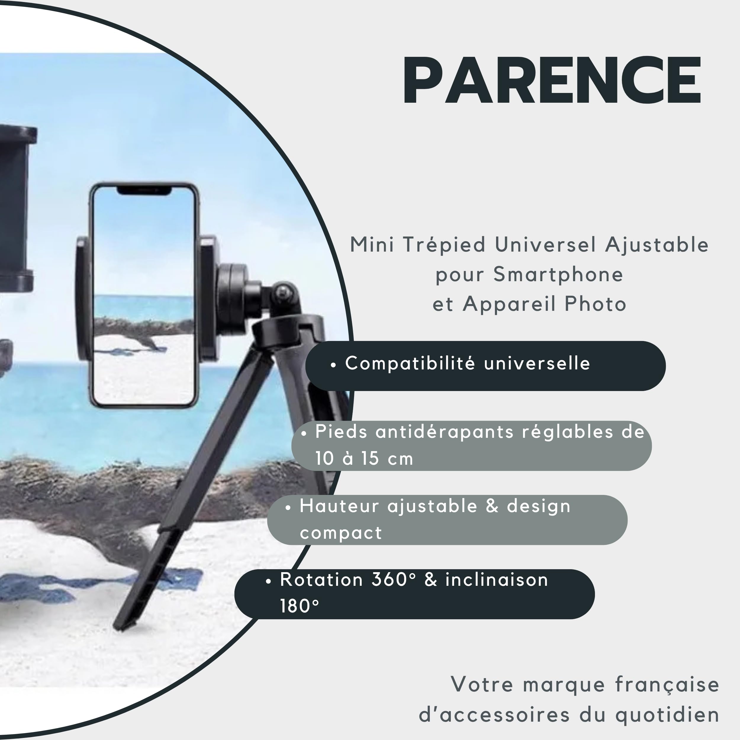 PARENCE.- Mini treppiede universale regolabile per smartphone e fotocamera - Supporto a 360° con attacco da 1/4" - ideale per video, foto, vlog e videochiamate
