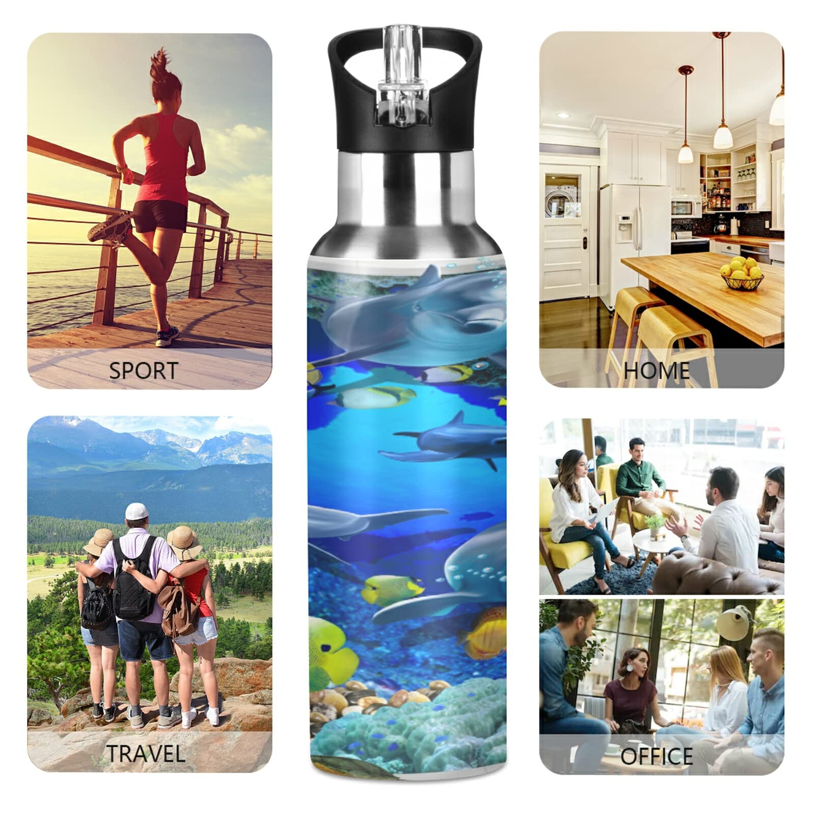 Mnsruu Delphin Edelstahl-Trinkflasche Mit Strohhalm – 600ml, Isoliert, BPA-frei Für Sport, Schule & Outdoor