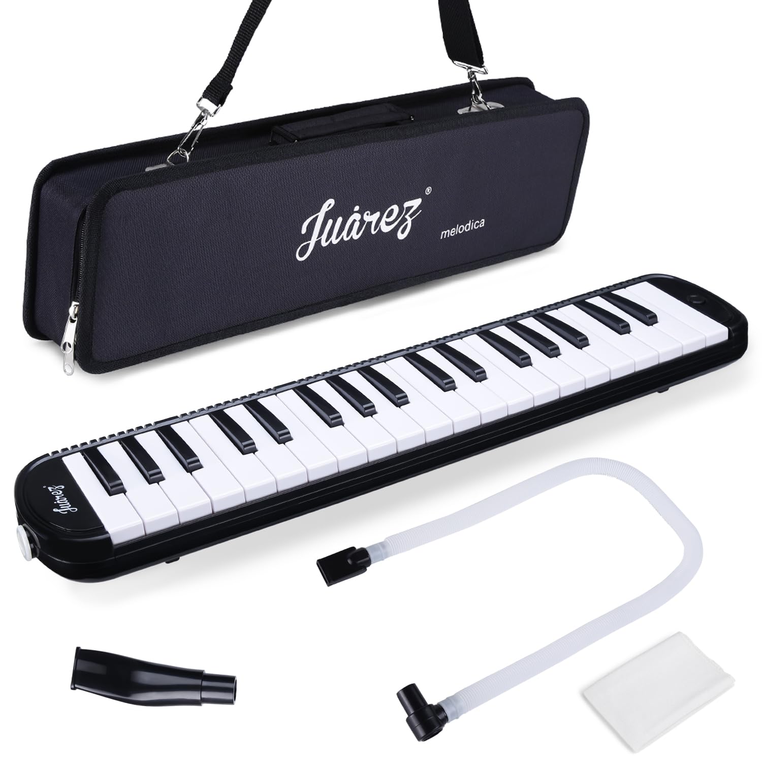 Juarez 37 Key Melodica Musical Instrument Soprano Air Piano Keyboard Pianica with Carrying Bag, 1 Soft Long Tube, 1 Mouthpiece, Wipe Cloth, Black