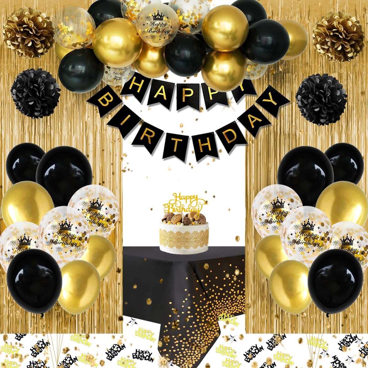 Black Gold Birthday Decorations - Happy Banner, Confetti Balloons, Paper Pom Poms, Gold Fringe Curtain Background for Men Women 10th 18th 20th 30th 40th Party