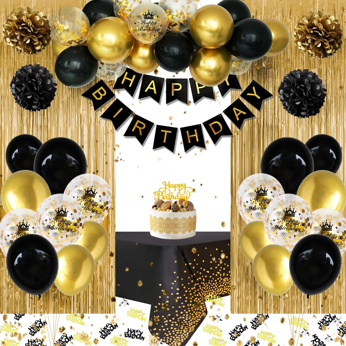 Black Gold Birthday Decorations - Happy Banner, Confetti Balloons, Paper Pom Poms, Gold Fringe Curtain Background for Men Women 10th 18th 20th 30th 40th Party