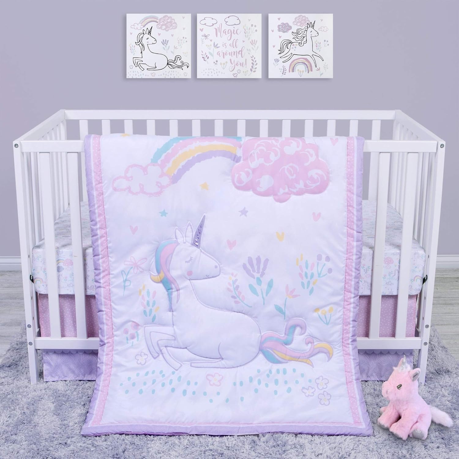 Sammy & Lou Sweet Unicorn 4-Piece Baby Nursery Crib Bedding Set, Includes Quilt, Fitted Crib Sheet, Crib Skirt, and Plush Toy