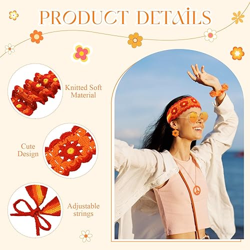 Miniatura 2 de Remuuly 5 piezas de accesorios hippie de los años 60 y 70 para mujer, diadema de punto de flores, trajes retro de los años 70, disfraz hippie