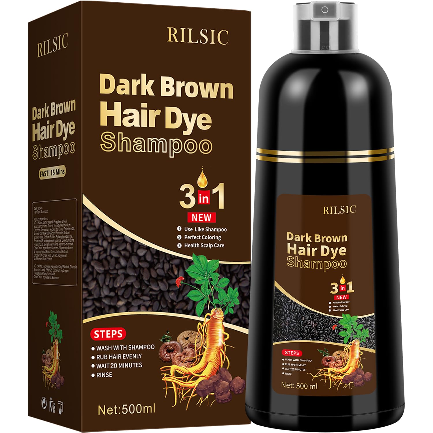 Haarfärbeshampoo, 500 ml Hair Dye Shampoo 3in1, Sofortiges Haarfarbe Shampoo Gegen Graue Haare, Anti Grau Hair Color Haarshampoos, Farbshampoo Tönungsshampoo für Männer Frauen (Dark Brown)