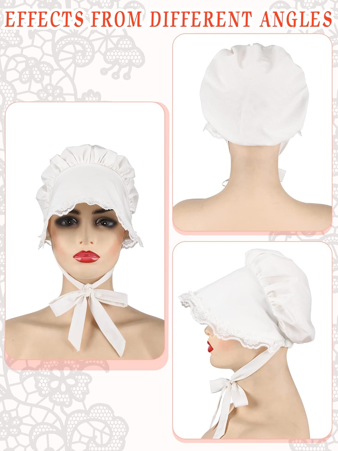 Hicarer White Mob Cap Women Colonial Bonnet Hat Grandma Mop Hat Mob Bonnets Lace with Adjustable Straps for Maid